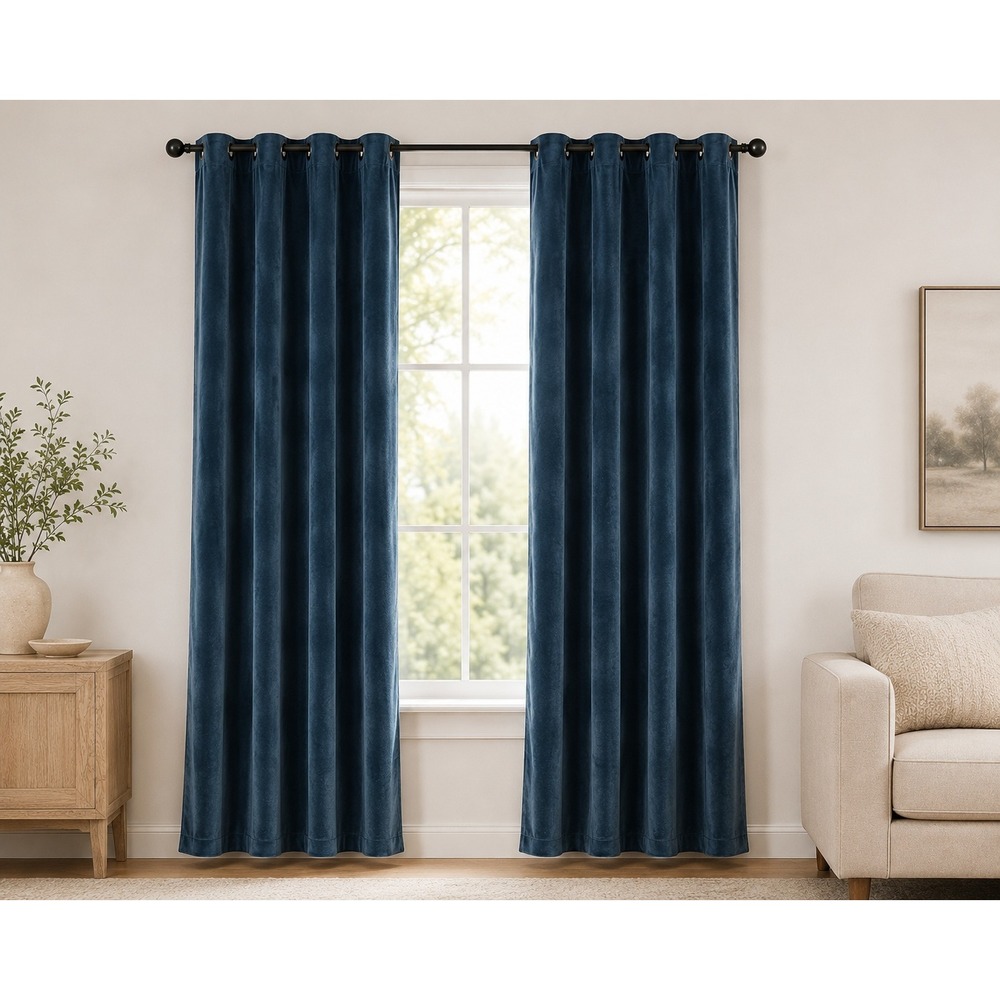 Blue Velvet Grommet Curtain Panels Set of 2 Room Darkening 38" x 108 Coastal